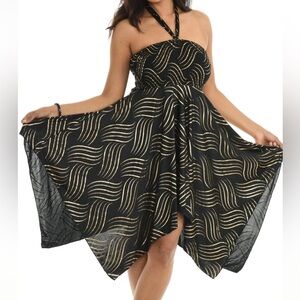 Shoreline Gold Print Halter Dress OSFM Smocked Handkerchief Hem POOL TO PARTY